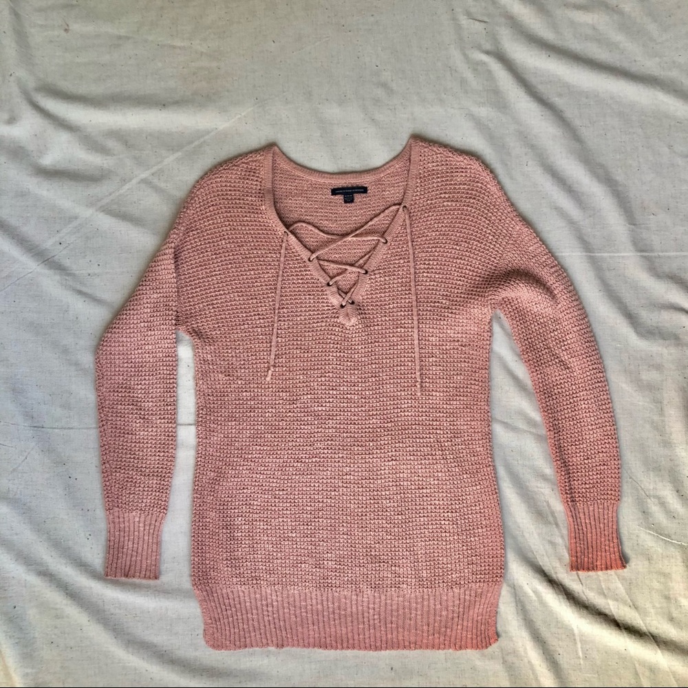 American Eagle lace up pink sweater size medium